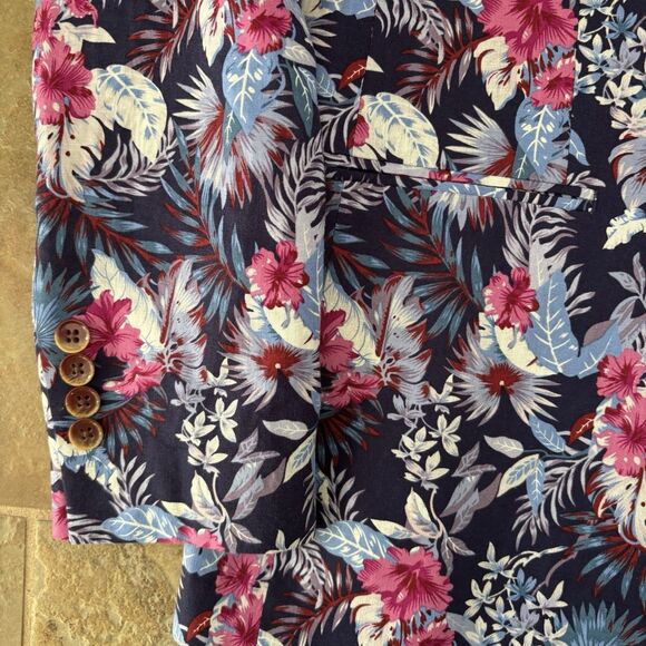 Tallia Blazer Mens Size 38R Blue Slim-Fit Floral Print Suit Jacket Linen Blend - Picture 3 of 11
